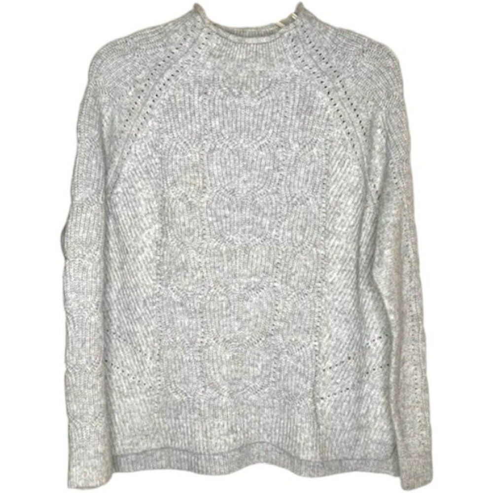 Talbots Cable Knit Sweater Rolled High Neck - Gray/White - M